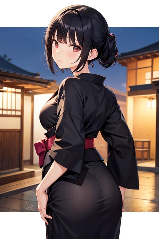 Black hair, short yukata, small breasts, buttocks emphasis
