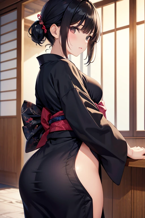 Black hair, short yukata, small breasts, buttocks emphasis