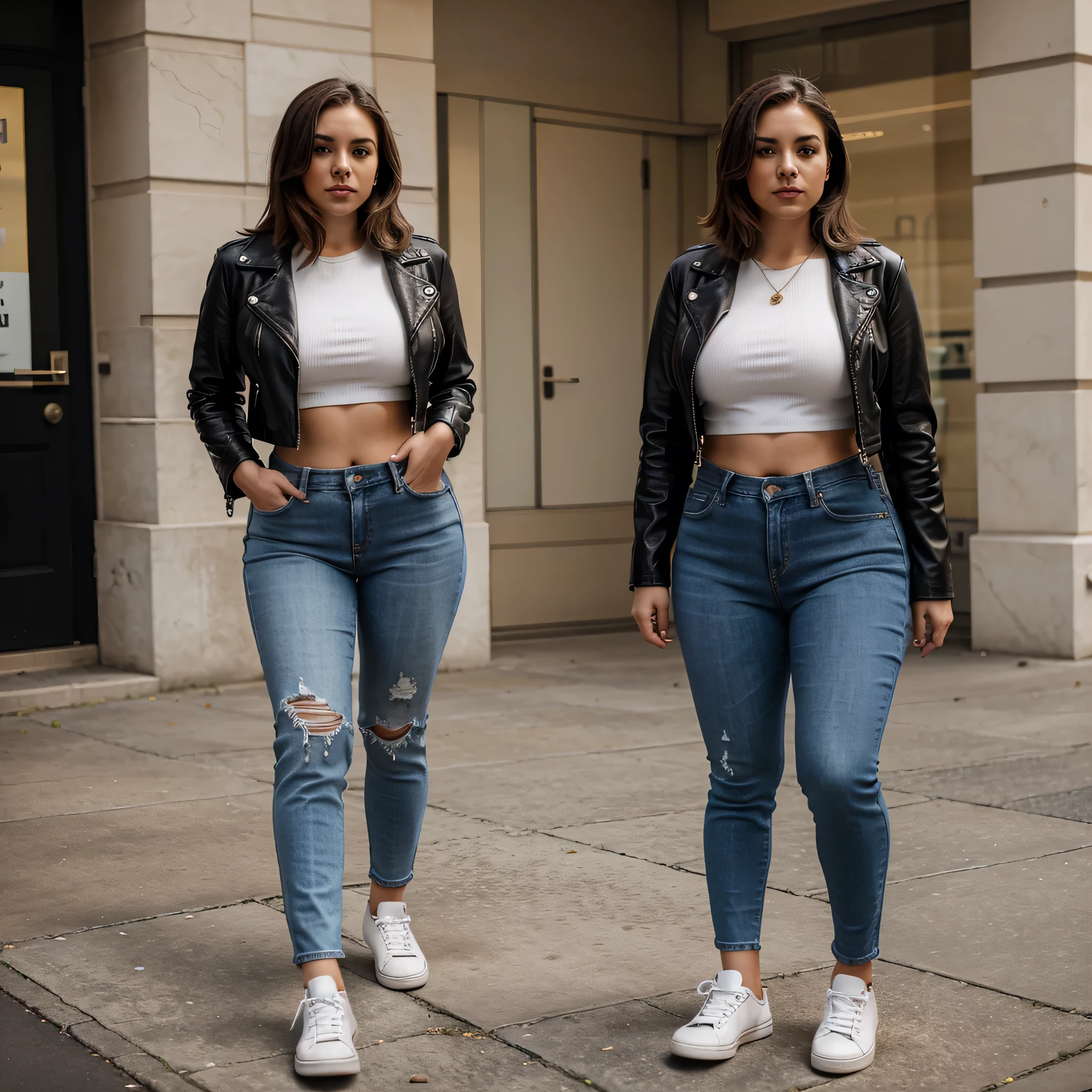Woman curvy pear shape body, wearing crop top black leather jacket, straight cut jeans, white shoes