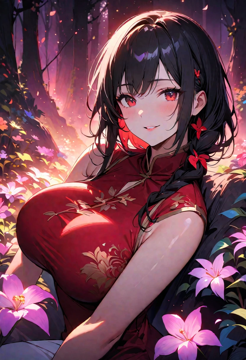 (best quality,4k,8k,high,masterpiece:1.2),ultra detail,beautiful girl,big breasts,mature,tall body,close up,seductive body,chinese style dress,lazily lying on a flat rock full of flowers,flying petals, seductive pose, colorful, magical forest, shiny particles, sparkling, night, atmospheric, enchanted, ethereal lighting, pure beauty, dreamy, serene, calm, mystical, alluring, mysterious, feminine, charming presence, black hair, red highlights, side braid , red eyes, gentle smile, graceful posture, peaceful aura, radiant, beauty in nature