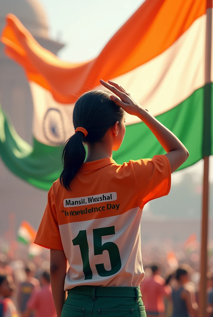 A 20 years old girl salutes the national flag of bharat and he is wearing a shirt print is like bharat flag and "Mansi Kaushal" and 15 number and independence day in small is written on it's back in big and bold fonts, 3d illustration