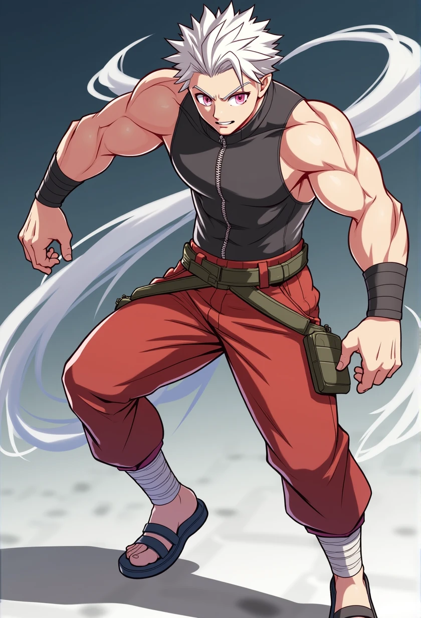 A dynamic illustration of Munashi Kurotani, a young but physically imposing 15-year-old character who stands 203 cm tall and has a muscular build. He has pure white hair and eyes. Munashi is dressed in a tight-fitting dark red shirt made of special mesh fabric with a high collar and no sleeves, paired with slightly loose red combat pants. He wears dark-colored ninja sandals. Over the shirt, he wears a sturdy, zipped combat jacket. His right arm features bandaged hands, while both legs have hip pouches with additional bandages wrapped around them. Capture him in a reflective or intense training pose, emphasizing his immense physical strength. The overall mood should convey his formidable presence, anime ART, webtoon ART, manga art