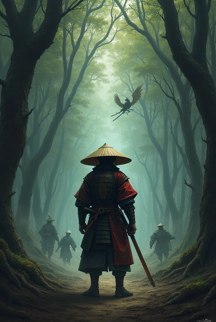 A lone samurai in a dense forest. He wears traditional samurai armor, worn and with black and red details. His face is partially hidden by a straw hat (kasa), being attacked by dark creatures.
