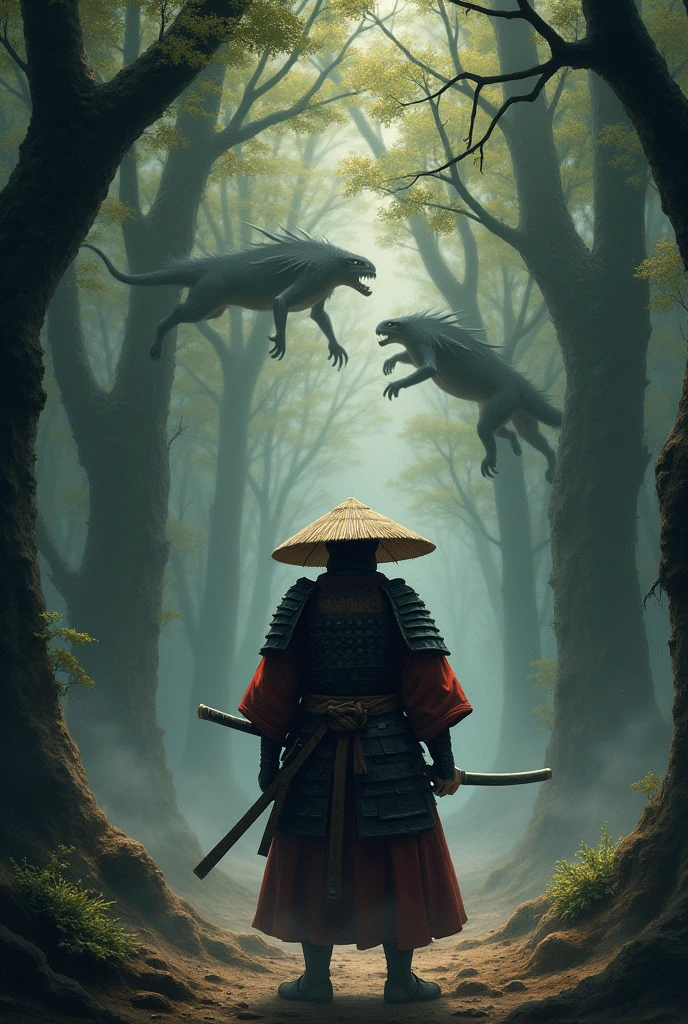 A lone samurai in a dense forest. He wears traditional samurai armor, worn and with black and red details. His face is partially hidden by a straw hat (kasa), being attacked by dark creatures.