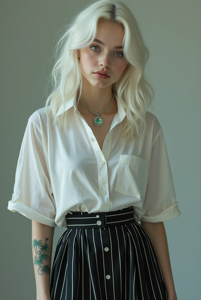 A real girl with platinum blonde hair wearing a buttoned shirt paired with a black and white short skirt.,White skin, with a necklace containing magical energy around her neck and a green spider lily tattoo on the back of her left hand., Jet black eyes