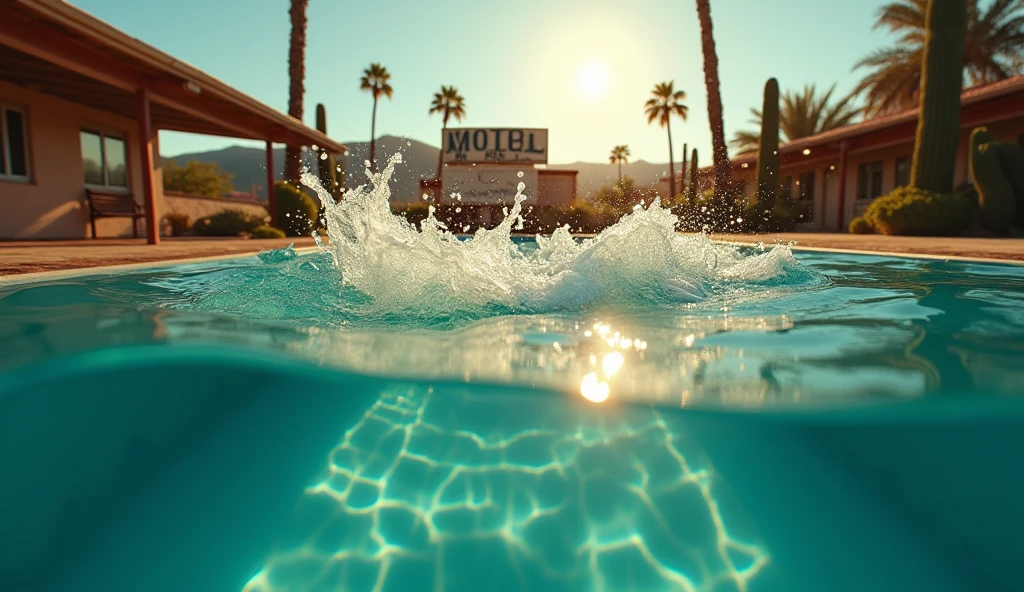 "Create a hyper-realistic 8K image from a first-person perspective, as if the camera is partially submerged in a pool. The view should be split: bottom half underwater, top half above. In the immediate foreground, capture dramatic water splashes rising towards the camera, creating the illusion that the viewer is diving into the water. Cover parts of the 'lens' with water droplets to enhance this immersive effect.

Underwater: Show crystal-clear turquoise pool water with visible pool tiles.
Above water: Frame a run-down Mexican motel in the background, surrounded by cacti. Include a weathered sign if possible.
The dilapidated Mexican motel pool, surrounded by cactus, exudes eerie charm. A weathered sign pleads "Free me!". Golden hour light bathes the scene, highlighting hyper-realistic details: dust motel
Use golden hour lighting to illuminate the scene, creating a warm, slightly eerie atmosphere. Emphasize the contrast between the underwater clarity and the golden light above. The splash should be the focal point, with intricate details of water droplets and light refraction.

Maintain sharp focus throughout, especially on the water splash and droplets. Aim for a raw, cinematic style with a strong depth of field.