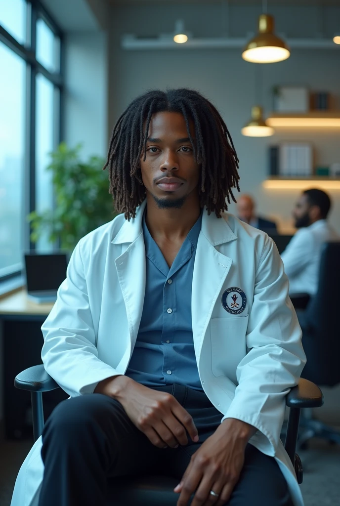 hyper realistic portrait of Luka sabbat, 18 years old, with, dreadlock style, black hair and brown eyes. male, guy, handsome, he should have a natural, approachable expression and be lit by soft, blue light, canon eos r5, raw format, sitting in a panoramic corner office of Neo New York, modern office with detailed decoration and background is the setting, full body, wearing a lab coat