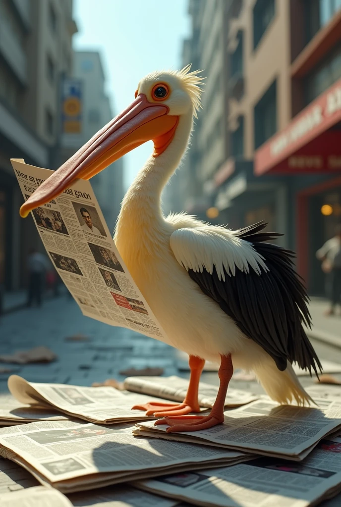 Pelican with a newspaper on its wing above many newspapers