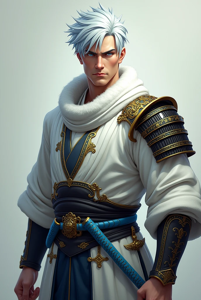 A man with Asian and Russian features. He is wearing a white haori with gold details, with a slightly bare chest. On his shoulders he has a white fluffy scarf and on his right shoulder a black samurai armor with golden details. The man is muscular, pale skin, intimidating light blue eyes, short white hair with bangs and the tip of his hair dyed light blue. He wears on his haori waist two katanas of light blue with gold.