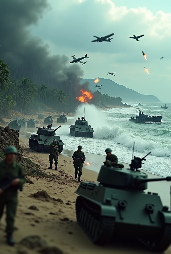 malaysia rainy day bomb . sea, beach . everywhere lot of soldier in battlefield.world war 2. tilt shift photography. lot of war. tank.aircraft 1940. air drop
