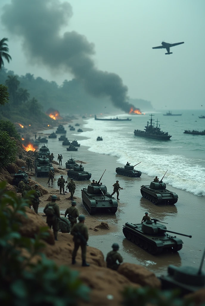 malaysia rainy day bomb . sea, beach . everywhere lot of soldier in battlefield.world war 2. tilt shift photography. lot of war. tank.aircraft 1940. air drop