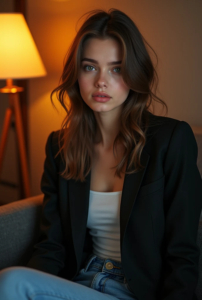 a pretty one with light brown hair that is waist length, detailedeyes, nase, and lips, wearing a blazer and jeans sitting on her couch, using your iphone cell phone, ultra detali,(realisitic,photorealisitic,photo-realisitic:1.37),HDR,studio lighting,extremely detailed face and body, portraite,cinematic lighting,dramatic lighting,warm color tones,dramatic colors