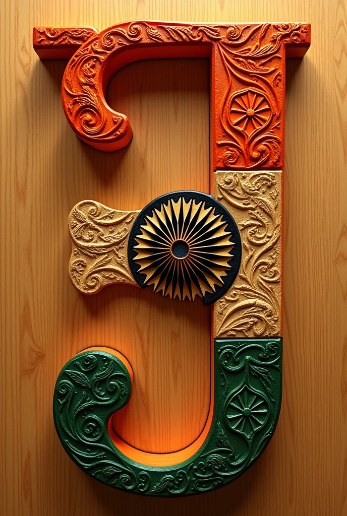 Create a stylized letter "Pankaj" crafted from orange hardwood. The letter should feature intricate patterns inspired by the Indian flag, showcasing a detailed and advanced design. Use dark, bold font characteristics combined with vibrant, cheerful colors for the flag patterns. Ensure the overall style is sophisticated and clear, with a focus on crisp details. It should be made on wood and have wooden texture with wooden background . Have detailed design