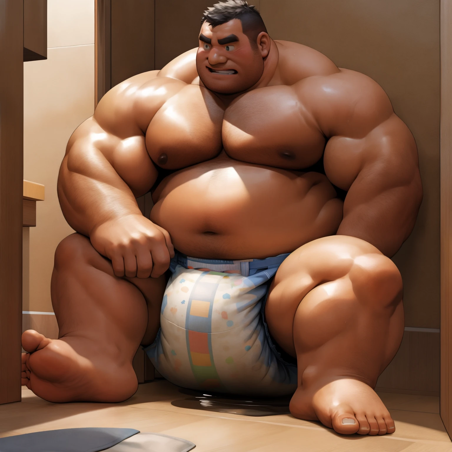 masterpiece, Top quality, in 32K, perfect anatomy, hyper detailed, super fine illustration, The thick man is a brutal prisoner, , hairy, human, 50yo in japan, (fatness: 1.0), Fatty muscle, Bowleg, disappointment, incontinent, be diaper check by childrenre is a small puddle under him, Naked, short Bowleg, spread legs, wear th Diaper, Bare belly, Bare legs, Bare foots, Bare soles, Shirtless, wide forehead and short thinning hair, Man with round face with stubble, Bare foots, Bare soles, shy, sissy, Weaker than children, , Round face, He ennursery school and is despised by children, He is made to stand attentionhe corner of the playroom, corner time, He surrounded by children, Bare foots, big butt, White Diaperbing, There is a small pudunder him