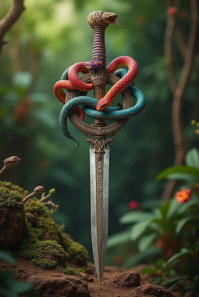 a dagger with a circular handle full of happy snakes and a rainbow , written on the blade "EGBÉ TAKARÀ (in an African environment) orixá Oxumarê atraz