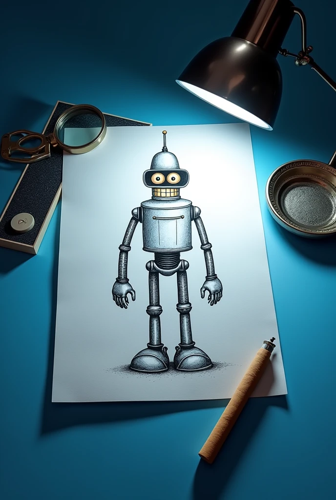 a drawing of a bender robot in section with clear contours on a blue background and next to it lies a magnifying glass and an ashtray with a cigarette a lamp illuminates part of the drawing