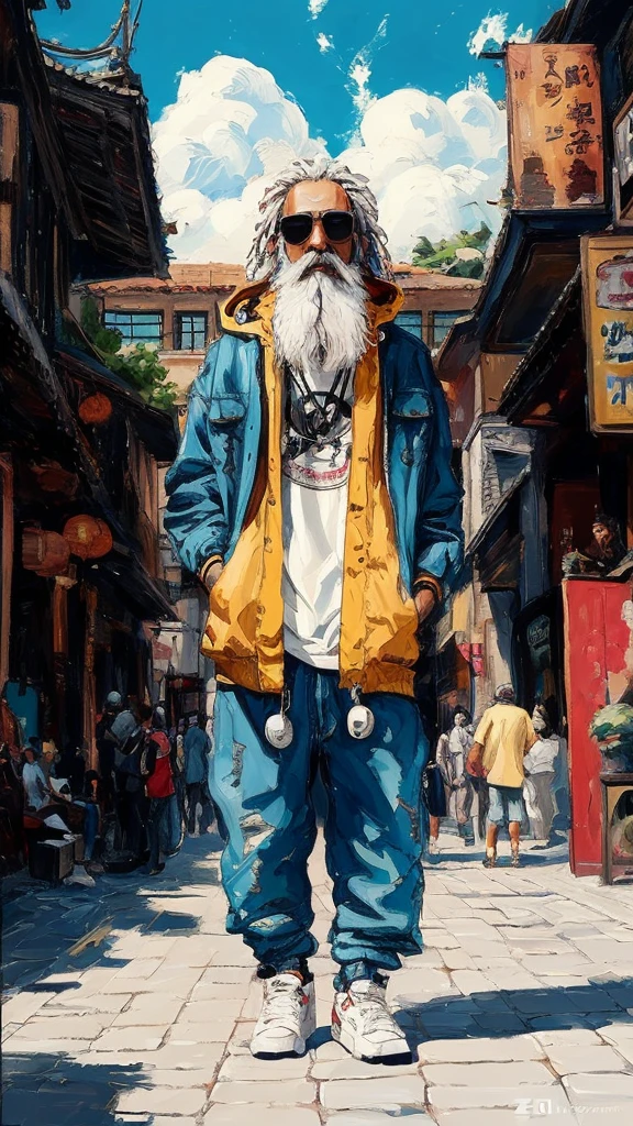 arafed man with a beard and a yellow jacket standing on a street, a digital painting by Zou Zhe, trending on Artstation, street art, clothed in ancient street wear, digital painting style, digital cartoon painting art, high quality digital painting, highly realistic digital art, highly detailed digital art, style in digital painting, cartoon digital painting