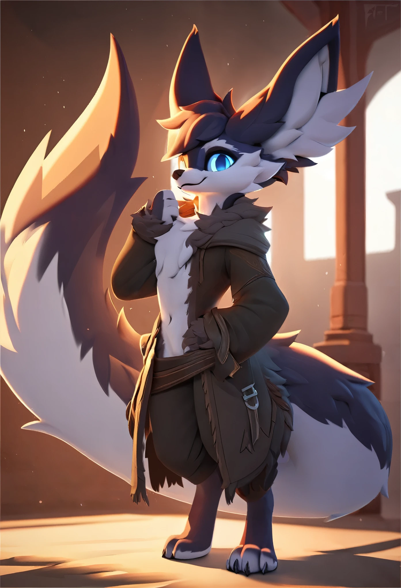 (top quality, best quality, High-quality illustrations, masterpiece) (hobkin, furry, anthro), male, full body concept, huge tail, fluffy fur, blue eyes, robe clothing