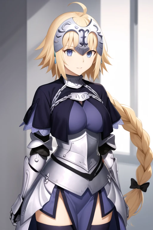 aajd, long hair, single braid, long braid, headpiece, ahoge, fur trim, blue cape, blue shirt, armor, armored dress, blue dress, gauntlets, black thighhighs 