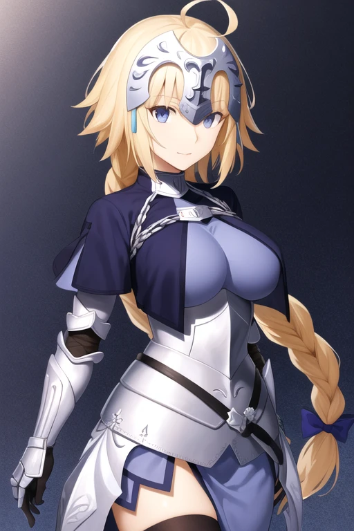 aajd, long hair, single braid, long braid, headpiece, ahoge, fur trim, blue cape, blue shirt, armor, armored dress, blue dress, gauntlets, black thighhighs 