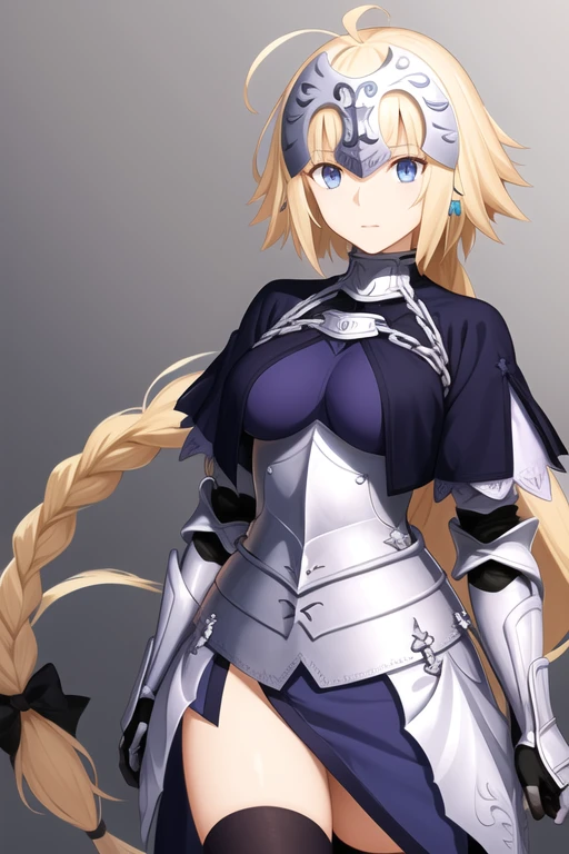 aajd, long hair, single braid, long braid, headpiece, ahoge, fur trim, blue cape, blue shirt, armor, armored dress, blue dress, gauntlets, black thighhighs 