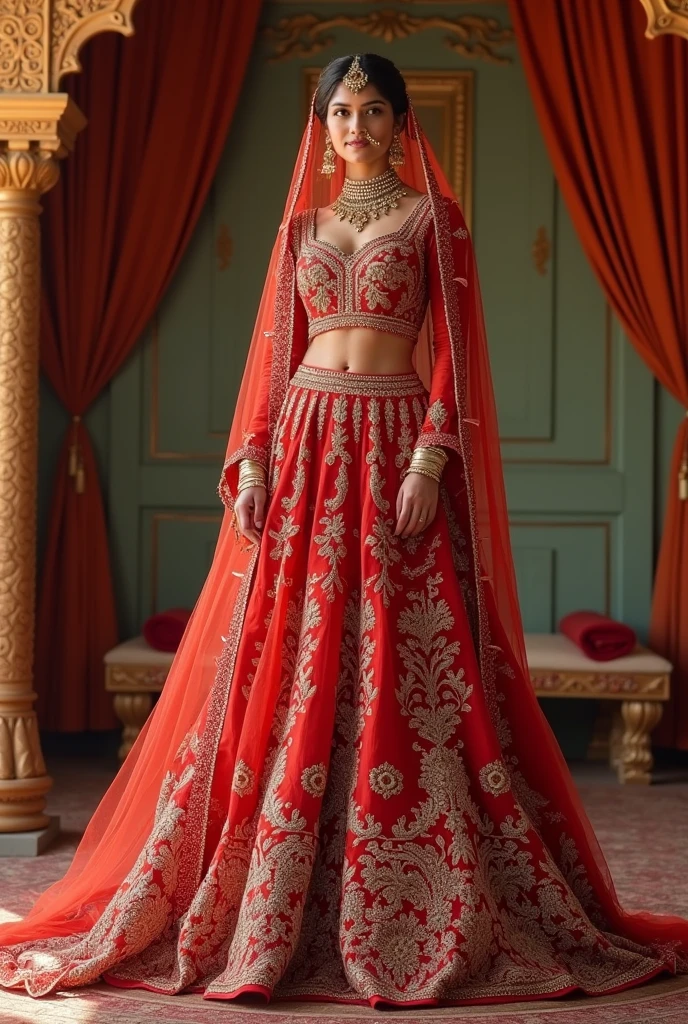 Design a desi wedding dress that would suit a tall girl for her brother's wedding. Like a ghagara with a small jacket on top known as i