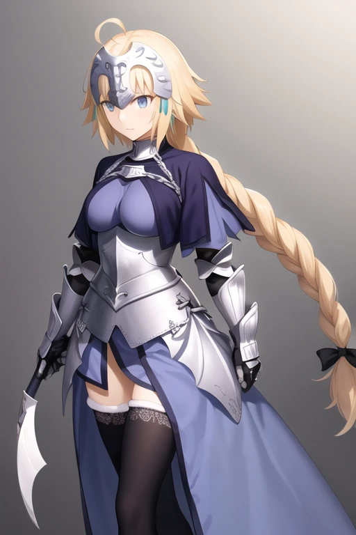 aajd, long hair, single braid, long braid, headpiece, ahoge, fur trim, blue cape, blue shirt, armor, armored dress, blue dress, gauntlets, black thighhighs 