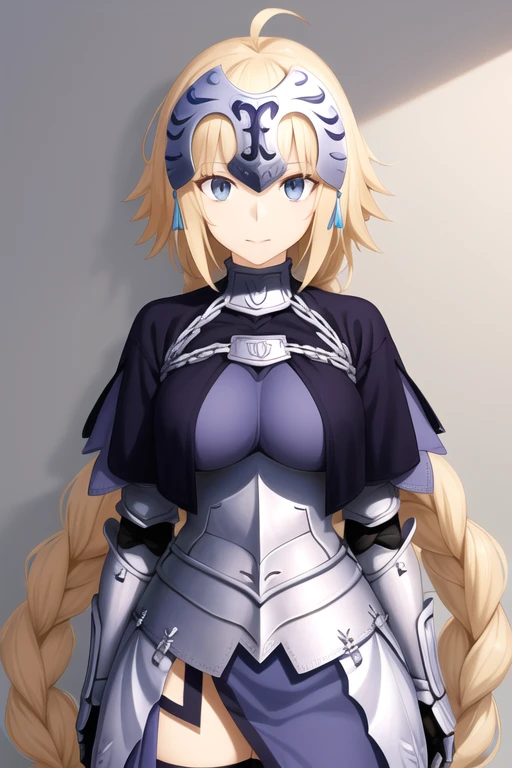 aajd, long hair, single braid, long braid, headpiece, ahoge, fur trim, blue cape, blue shirt, armor, armored dress, blue dress, gauntlets, black thighhighs 