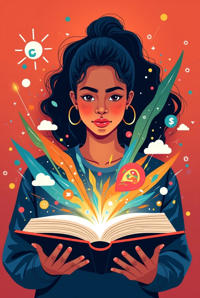 A Brazilian woman, in student age, with a book in hand open and coming out of the book head graphic elements that refer to entrepreneurship, innovation and socioemotional skills. Use red as the default color palette, dark blue and gray