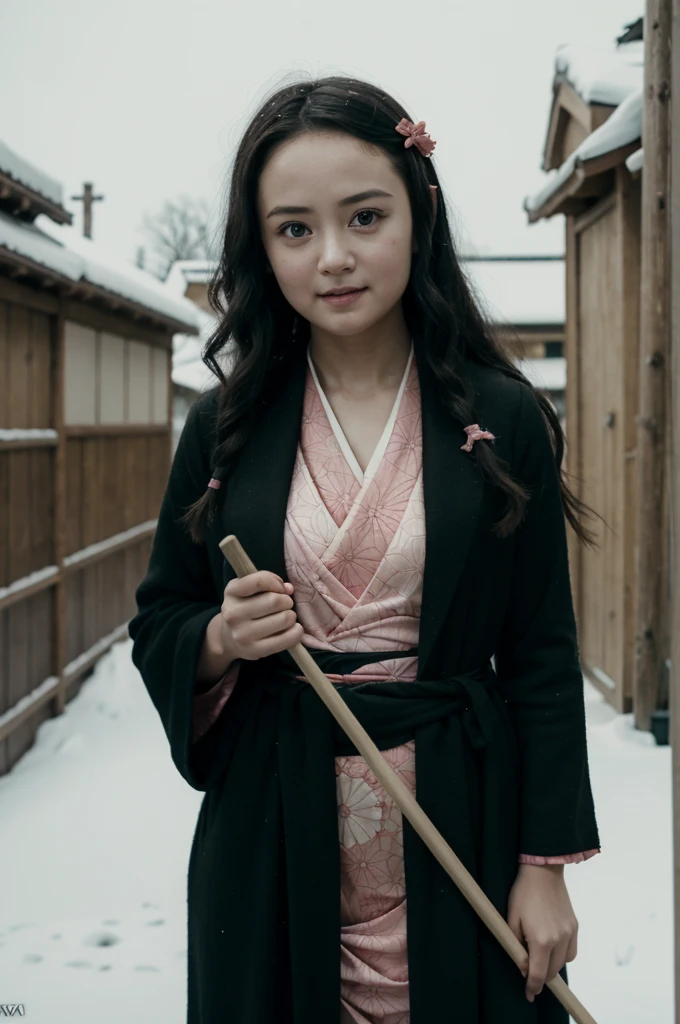 A young girl in realistic portrait of high quality and detail, movie style, Nezuko Kamado (Kimetsu no Yaiba), 18 years old, her black hair remains loose, its ends have turned orange, and Nezuko's eyes have turned from burgundy to a bright pink shade. Nezuko carries a bamboo stick in her mouth. She wears a pink kimono with an asanoha pattern, a red and white checkered obi and a black haori., pale skin, asian girl, medium breast, dark fantasy, dark atmosphere, happy look, glow, eye shadow, 1girl, Depth & Perspective, fangs, full-length photo, smiling face, Japanese hieroglyphens in pupils, fine face, She's standing in the japanese street, outdoors, snow on background, winter, night time, looking at viewer, (ultra-high detail:1.2), Masterpiece, Best Quality, Ultra-detailed, Cinematic lighting, 8K, delicate features, cinematic, 35 mm lens, f/1.9, highlight lighting, global lighting –uplight –v 4, cinematic, Cinematic lighting, 8K, high quality, Highest Quality, (Solo Focus), (extremly intricate:1.3), (Realistic), masterful, Analog style, (Film grain:1.5), (cold tone),