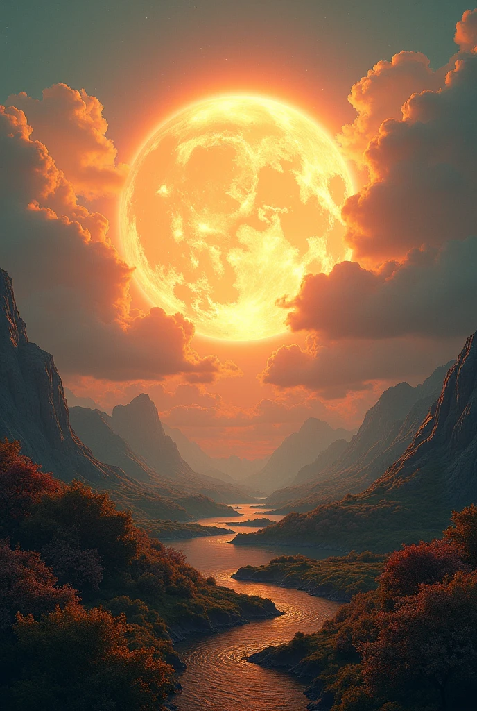 a flat earth, sun in the sky, dramatic lighting, highly detailed, cinematic, photorealistic, vibrant colors, glowing sun, atmospheric, moody, fantasy, digital art, 8k, hyperrealistic, intricate details, stunning landscape, dramatic clouds, lush foliage, magical realism