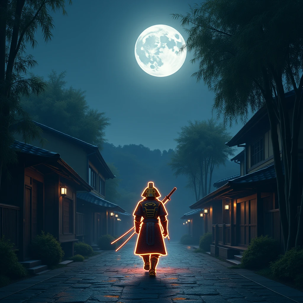 An old Japanese village at night, with traditional wooden houses surrounded by tall bamboo under a bright full moon, as a lone samurai in armor, helmet, and weapon walks down a quiet road. Outline the Samurai with neon light. Samurai wearing a golden and red armor and helmet.