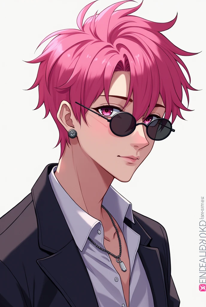 Anime pink hair man thin round sunglasses