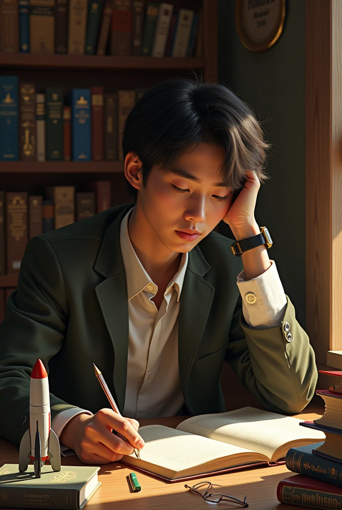 Image with a person reading and around him books,Pencil,notebooks,Rocket  the words literature,Chronicles of literacy 