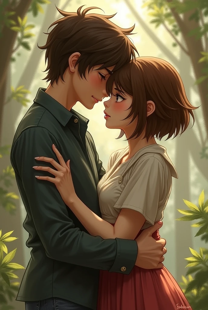 make a fanart of a girl with short brown hair that isn’t longer than her neck, hugging a boy with long brown straight hair. the girl has a rebellious vibe going on there and the boy is very sweet.