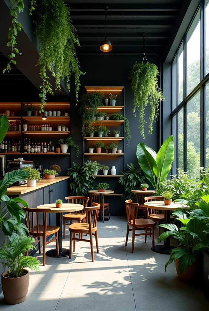  A cafe that sells plants, with a black theme.