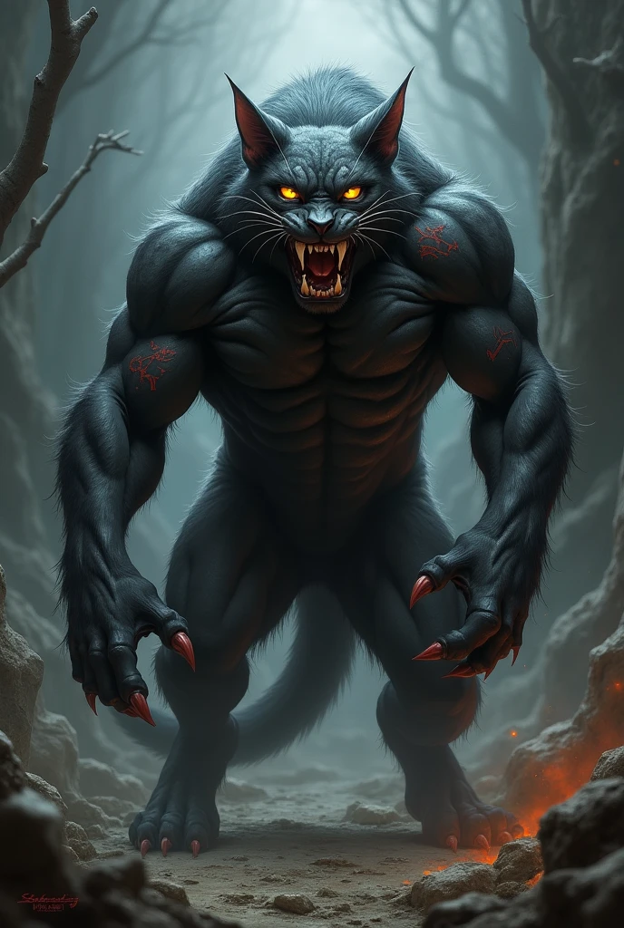 Athletic pumped up cat , demon