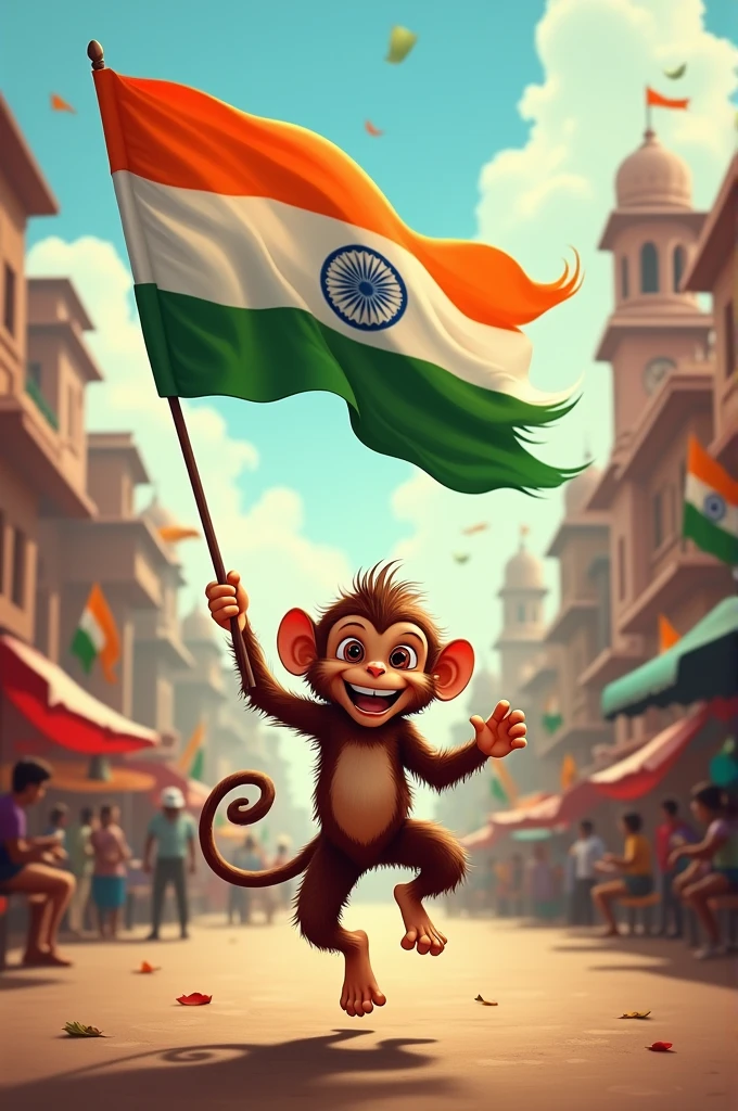 Create a highly detailed image of a powerful, divine monkey warrior resembling Hanuman, sitting proudly on a rocky hilltop amidst a lush, green landscape. The character should have a muscular, anthropomorphic body covered in gray fur, wearing traditional Indian jewelry and a saffron cloth around the waist. He holds an Indian flag, with its colors vivid and flowing in the wind. His face should show a calm yet fierce expression, with sacred markings on the forehead. The background should feature mist-covered mountains and waterfalls under a sky transitioning from dusk to dawn, creating an epic and mythical atmosphere.