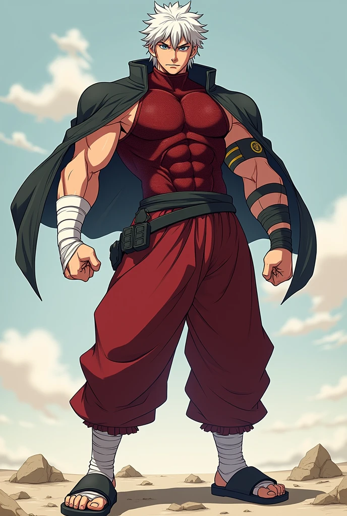 A dynamic illustration of Munashi Kurotani, a young but physically imposing 15-year-old character who stands 203 cm tall and has a muscular build. He has pure white hair and eyes. Munashi is dressed in a tight-fitting dark red shirt made of special mesh fabric with a high collar and no sleeves, paired with slightly loose red combat pants. He wears dark-colored ninja sandals. Over the shirt, he wears a sturdy, zipped combat jacket. His right arm features bandaged hands, while both legs have hip pouches with additional bandages wrapped around them. Capture him in a reflective or intense training pose, emphasizing his immense physical strength. The overall mood should convey his formidable presence, anime ART, webtoon ART, manga art