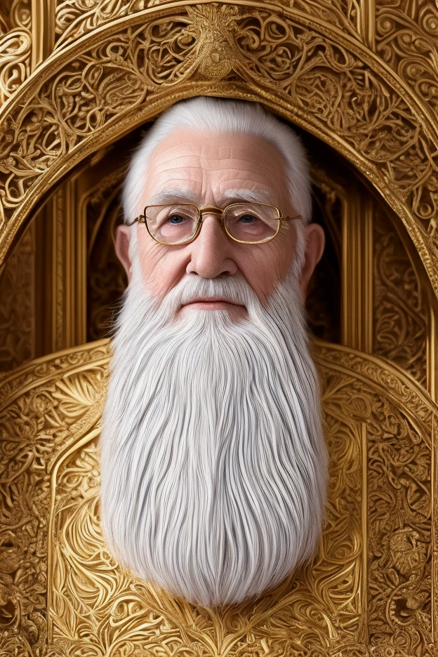 a wise old man, detailed portrait, beautiful detailed eyes, beautiful detailed lips, extremely detailed face, long white beard, robed in rich silk, sitting cross-legged, peaceful expression, ornate golden throne, lush garden in the background, warm lighting, vibrant colors, cinematic composition, photorealistic, 8k, award-winning digital art