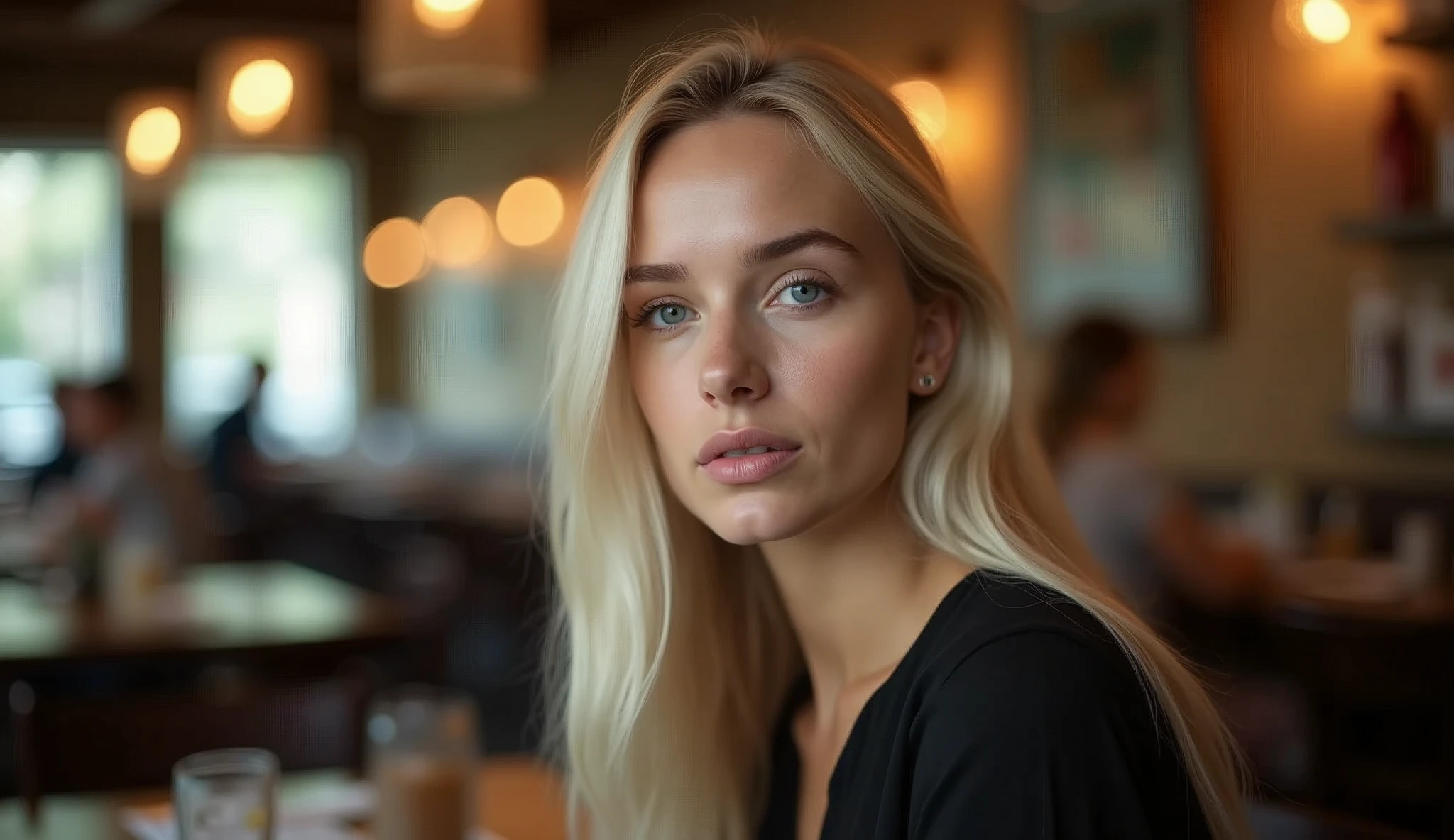 Real professional photography of a beautiful young adult woman, aged 35, with herself as the main subject. She should have fair, almost pale skin with a slight blush on her cheeks, long, straight platinum blonde hair and bright, expressive blue eyes that convey joy and friendliness. Her lips should be pink and slightly defined. The woman should be looking directly at the camera, with a serious and thoughtful expression. She is wearing a black blouse, made of fine, elegant fabric, which contrasts with her hair and fair skin. The blurred background shows what appears to be the interior of a restaurant, with tables, a counter and people. The artificial lighting of the indoor environment with warm-toned decoration, out-of-focus lights and bokeh effects add a touch of magic to the scene, creating a soft effect and highlighting the texture of the woman's skin and the sparkle in her eyes. The photograph must capture extreme detail, with a high-quality rendering in 8k, with professional photographic quality and attention to detail that conveys the realism of a restaurant, introspective atmosphere, bokeh, soft and diffused lighting.