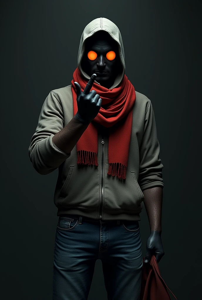 Male, holding up middle finger, hollow orange circle eyes, gray hoodie, red scarf, blue jeans, pitch black void skin color