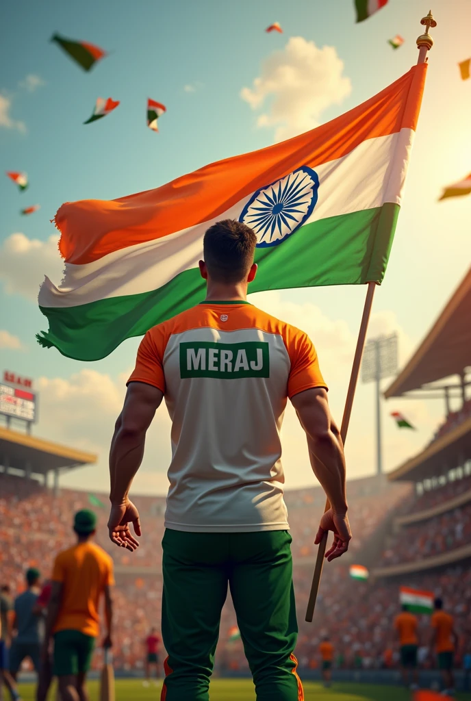 Create 3D illusion for a profile picture where 
Happy Independence Day 15 August 2024 is written on big flag of India and a 25-year-old boy with strong biceps is standing in front of him wearing Orange white and green colour half T-shirt, with name "MERAJ" written on t shirt, and holding the Indian flag in his hand, in cricket stadium, and stadium full with crowd and Indian flags, and "NORAH SHINE" written on score board clearly, in Orange white and green colour, 3D art painting realistic high quality photo