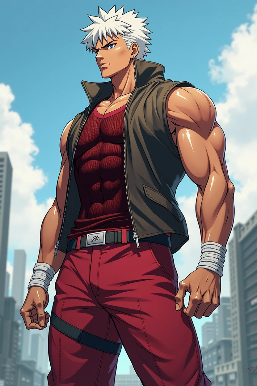 A dynamic illustration of Munashi Kurotani, a young but physically imposing 15-year-old character who stands 203 cm tall and has a muscular build. He has pure white hair and eyes. Munashi is dressed in a tight-fitting dark red shirt made of special mesh fabric with a high collar and no sleeves, paired with slightly loose red combat pants. He wears dark-colored ninja sandals. Over the shirt, he wears a sturdy, zipped combat jacket. His right arm features bandaged hands, while both legs have hip pouches with additional bandages wrapped around them. Capture him in a reflective or intense training pose, emphasizing his immense physical strength. The overall mood should convey his formidable presence, anime ART, webtoon ART, manga art