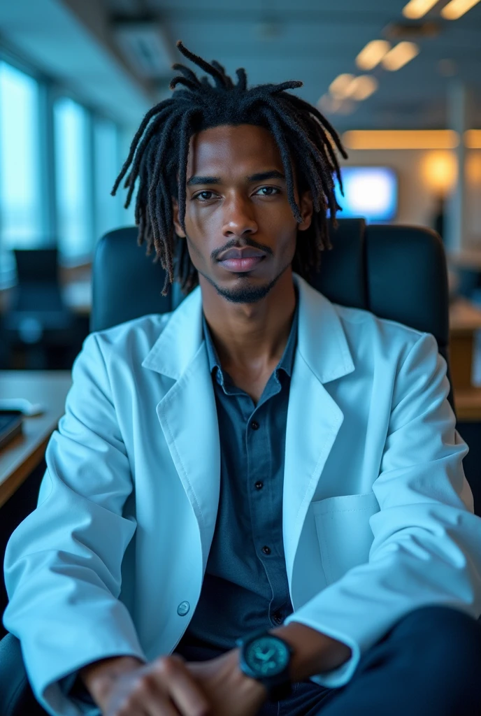 hyper realistic portrait of Luka sabbat, 18 years old, with, dreadlock style, black hair and brown eyes. male, guy, handsome, he should have a natural, approachable expression and be lit by soft, blue light, canon eos r5, raw format, sitting in a panoramic corner office of Neo New York, modern office with detailed decoration and background is the setting, full body, wearing a lab coat