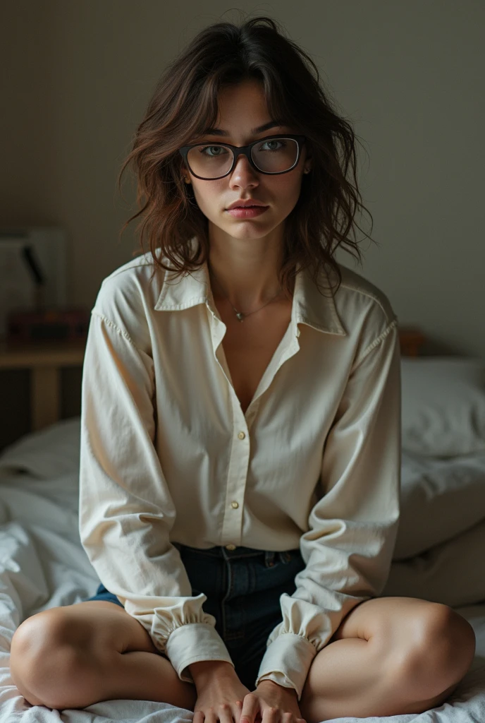 brune a lunette un peut moche assise sur son lit tres realiste