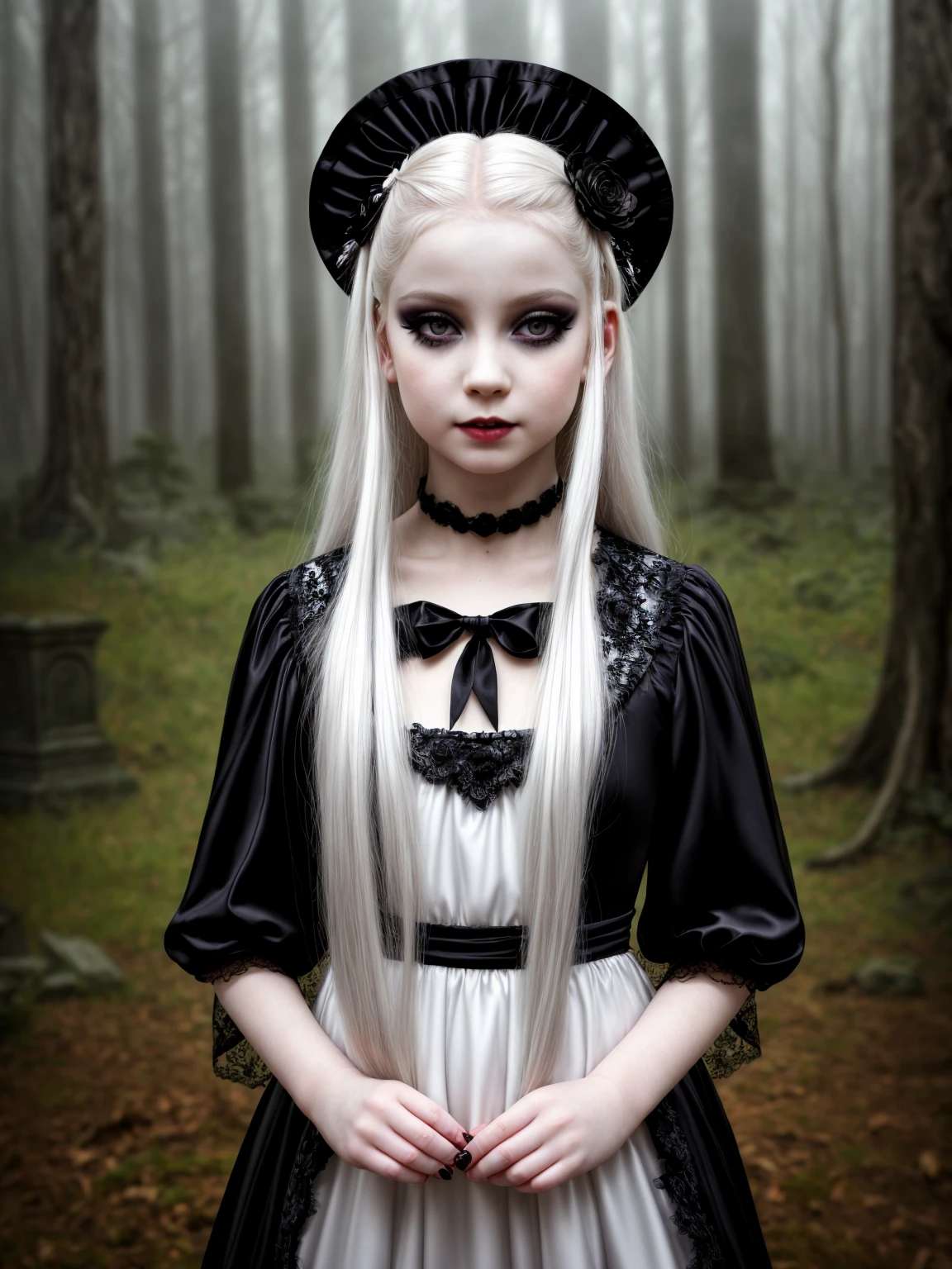 female sexy vampire|albino, pale porcelain skin, sexy vintage black dress, (8 years old, ****:1.5), smile, (dress lift:1.4), shallow depth of field, grin|creepy, nightfall, detailed face, night, wide hips, narrow waist, portrait of woman standing, detailed eyes, portrait of woman standing, 8k RAW photo, highest quality, looking at the viewer, best shadow, intricate details, long hair, bright eyes, forest, grave, gothic, (ruined makeup:1.4), goth detailed, highres, high qualilty, high saturation