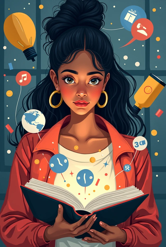 A Brazilian woman, in student age, with a book in hand open and coming out of the book head graphic elements that refer to entrepreneurship, innovation and socioemotional skills. Use red as the default color palette, dark blue and gray. The background is a school..