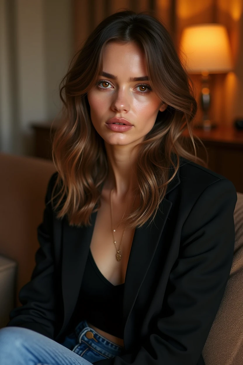 a pretty one with light brown hair that is waist length, detailedeyes, nase, and lips, wearing a blazer and jeans sitting on her couch, using your iphone cell phone, ultra detali,(realisitic,photorealisitic,photo-realisitic:1.37),HDR,studio lighting,extremely detailed face and body, portraite,cinematic lighting,dramatic lighting,warm color tones,dramatic colors