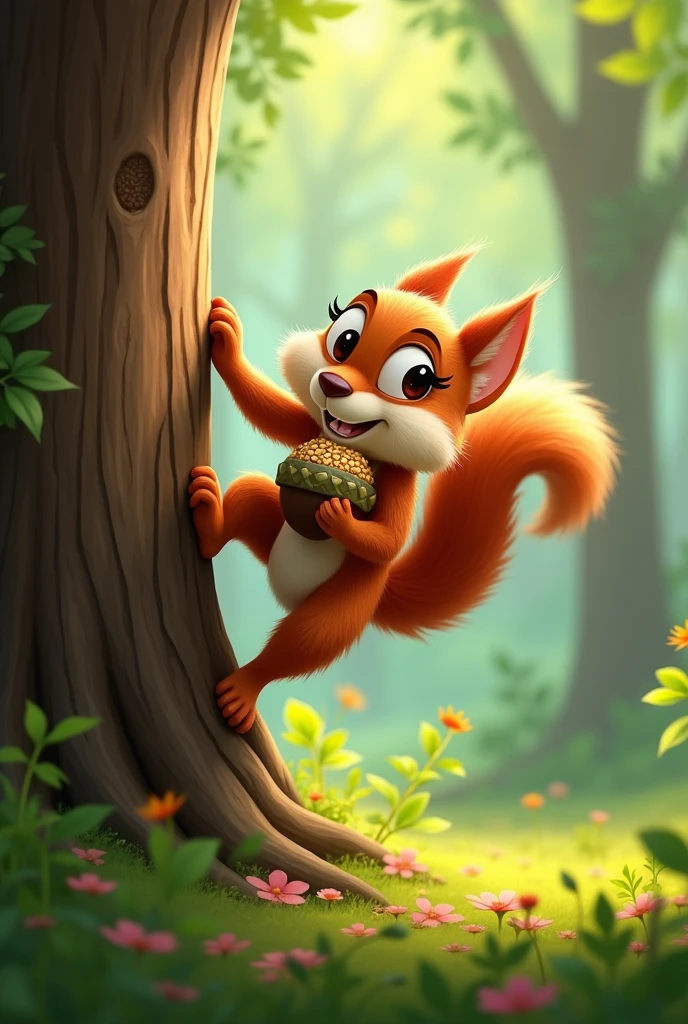 A squirre running up a tree with an acorn in in it's hands, and a mouth full of seeds, cartoon